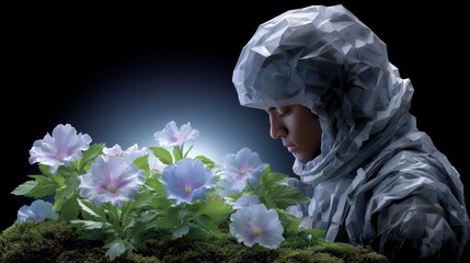 Wall Mural - Person wearing geometric textured hood admiring light blue flowers on dark background