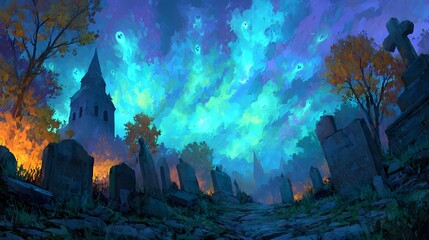 Wall Mural - A captivating cityscape lit by the ethereal glow of a fantastical aurora borealis creating a serene and otherworldly atmosphere