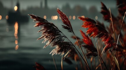 Wall Mural - Close up of feathery reeds swaying in the wind with blurred background lights