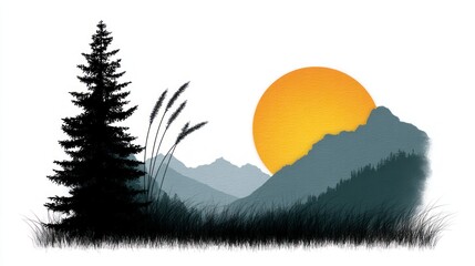 Wall Mural - Silhouette pine tree and grass against misty mountains and golden sun landscape
