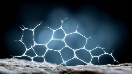 Intricate glowing white web like structure on textured surface with dark blurred background