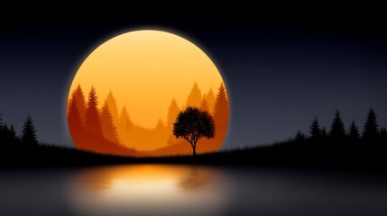 Wall Mural - Silhouette of pine trees and a solitary tree beside a lake reflecting a large orange moon
