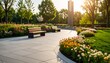 © PandaUniverse - city park with clean design, benches, and blooming flowers