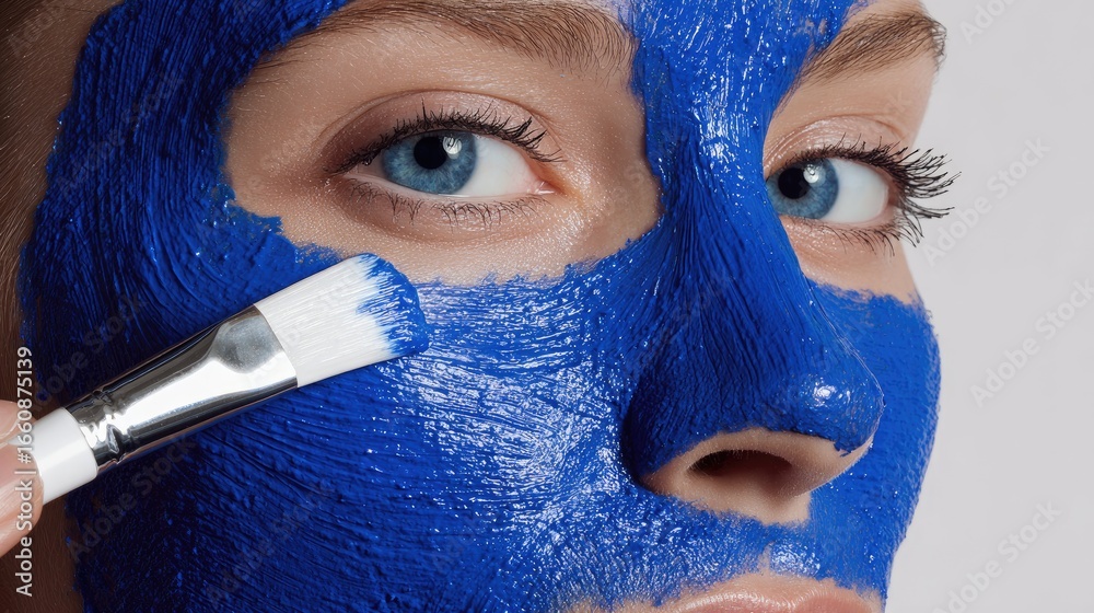 Woman applying blue face mask for skincare treatment and beauty routine ...