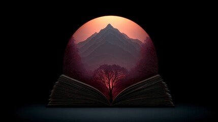 Wall Mural - Open book displays silhouetted mountain range with tree against sunset sky