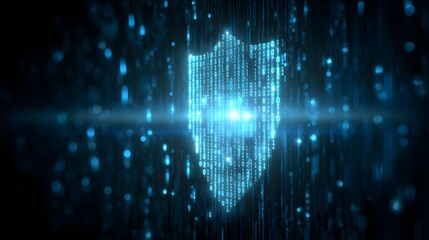 Abstract digital shield symbolizing cybersecurity amidst flowing binary code and glowing particles
