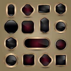 A Collection of radiant metallic gold frame buttons design, groups of different shapes style icons, buttons web and looked-real metallic premium and modern appeal buttons