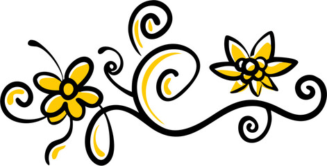 Wall Mural - Illustration of floral design with yellow flowers and black swirls on a white background art piece