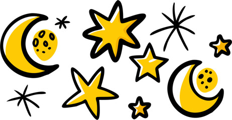 Wall Mural - Illustration of yellow crescent moons and stars with black outlines on a white background style drawing