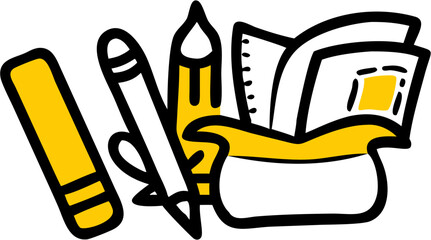 Wall Mural - Illustration of writing tools including a yellow marker pencil and open notebook on a white background