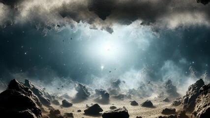 Wall Mural - a cosmic video scene from a low-angle perspective, capturing a vast, ethereal space landscape with s