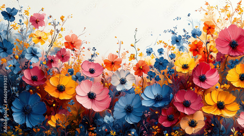 A vibrant watercolor painting, adorned with a kaleidoscope of flowers in hues of pink, blue, yellow, and orange, bursts forth from a white border, inviting viewers into a world of floral fantasy, 
