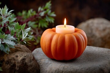 Wall Mural - burning candle illuminating small pumpkin during halloween celebration