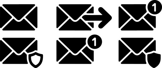 A set of six black email icons with different states and symbols in a two row by three column layout