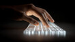© daden - A close-up shows fingers gently typing on an abstract futuristic keyboard with a soft, golden glow.