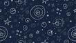 © fatima zainab - Seamless pattern of stars moons spirals and circles on a dark blue background perfect for textile design