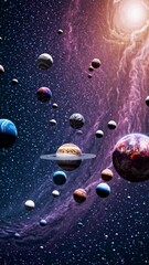 Wall Mural - a cosmic video concept with planets floating in space. the low-angle view highlights a vibrant galax