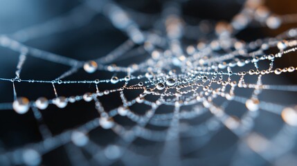 detailed close-up of spooky spider web with dewdrops, macro photography, moody lighting