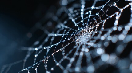 detailed close-up of spooky spider web with dewdrops, macro photography, moody lighting