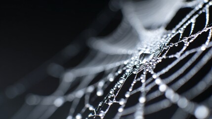 detailed close-up of spooky spider web with dewdrops, macro photography, moody lighting