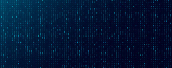 Blue glittering binary code with random digits 0 and 1 for Technology or Science background. Data coding concept for programming web presentation. Vector illustration.