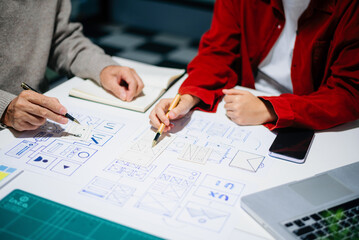 Wall Mural - UX graphic designer planning application process development prototype wireframe for web smart phone. Creative digital development agency.