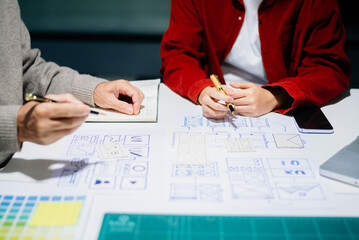 Wall Mural - UX graphic designer planning application process development prototype wireframe for web smart phone. Creative digital development agency.
