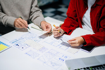 Wall Mural - UX graphic designer planning application process development prototype wireframe for web smart phone. Creative digital development agency.