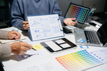 Wall Mural - ux ui design with wireframes, prototypes, and color planning. creative web design development with r