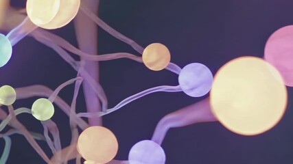Wall Mural - abstract video concept with glowing, colorful spheres connected by lines. captured from a low angle,