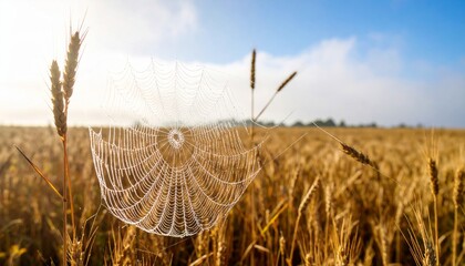 A glistening spiderweb traps dew drops in the morning sun over a golden wheat field