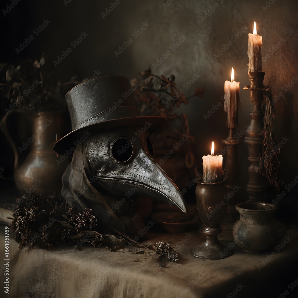 Old plague doctor mask with long beak placed on table with burning ...