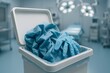 © Dr MEK - High-resolution medical stock photo of a waste bin containing a crumpled blue surgical gown and gloves inside a modern operating room. Perfect for healthcare, hospital safety.