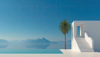 Wall Mural - Minimalist white architectural oasis by the water