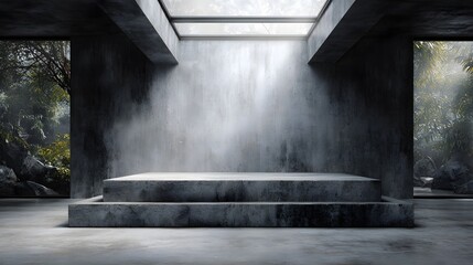 Wall Mural - Minimalist concrete display podium under skylight