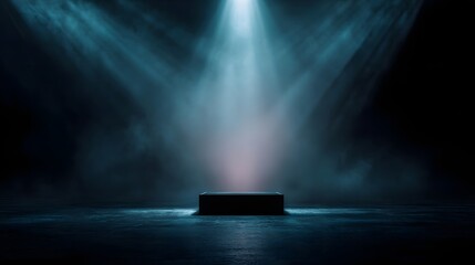 Wall Mural - Dramatic stage setup with glowing light behind podium for tech product reveal