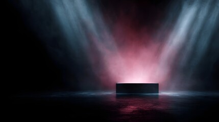 Wall Mural - Dramatic stage setup with glowing light behind podium for tech product reveal