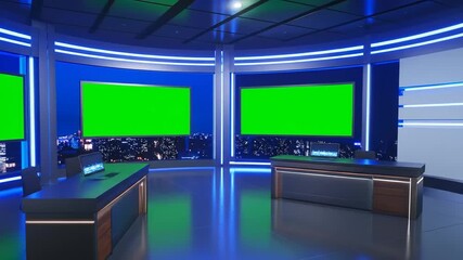 Virtual studio set with green screens and panoramic city backdrop for broadcasting versatility