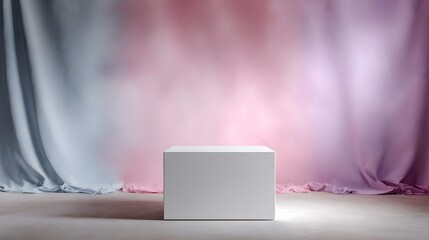 Wall Mural - clean empty podium with a paper cut out backdrop in soft pastel tones lit by studio lighting