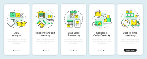 Wall Mural - inventory management methods onboarding mobile app screen. regulation. walkthrough 5 steps editable 