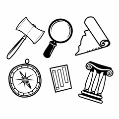 Archaeology and exploration icons set, black outline drawings isolated on white background