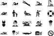© Authentic - Collection of black and white flat icons representing various swimming and water sports activities and pool safety symbols