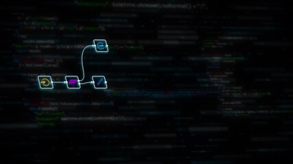 AI agent automation workflow diagram with digital data process flow and futuristic technology code background