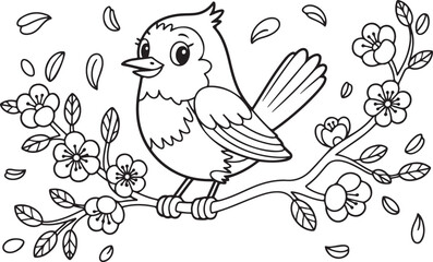 cute bird sitting on a branch with flowers, hand-drawn line art for wildlife and bird lovers