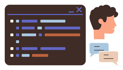 code editor with highlighted lines, a person, and speech bubbles representing programming, teamwork,