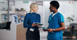 © Lahoud25/peopleimages.com - Man, nurse and tablet with hospital manager for planning, surgery schedule and patient report. People, laughing and digital for medical results, healthcare agenda and information on operation funding