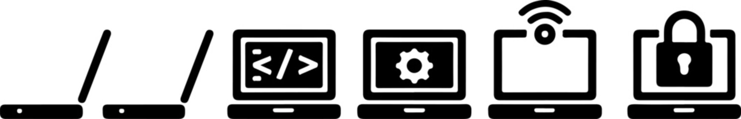 Black and white illustration showing the evolution of a laptop with various functions added on screen