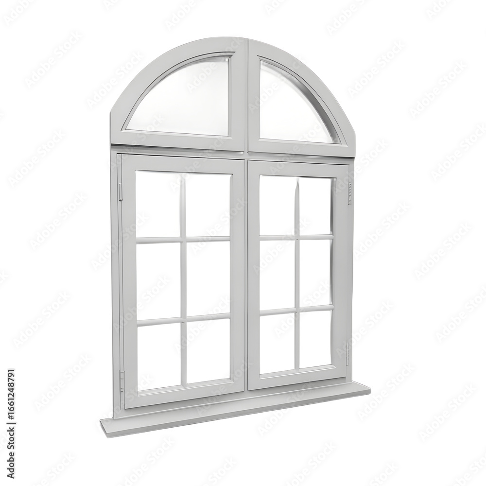 Classic arched top white wooden window frame with multiple panes and a ...