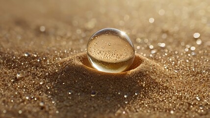 A clear glass sphere sits nestled in a small crater of sand with water droplets surrounding it all around