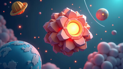 Stylized exploding planet with geometric shapes and pink explosion in space scene